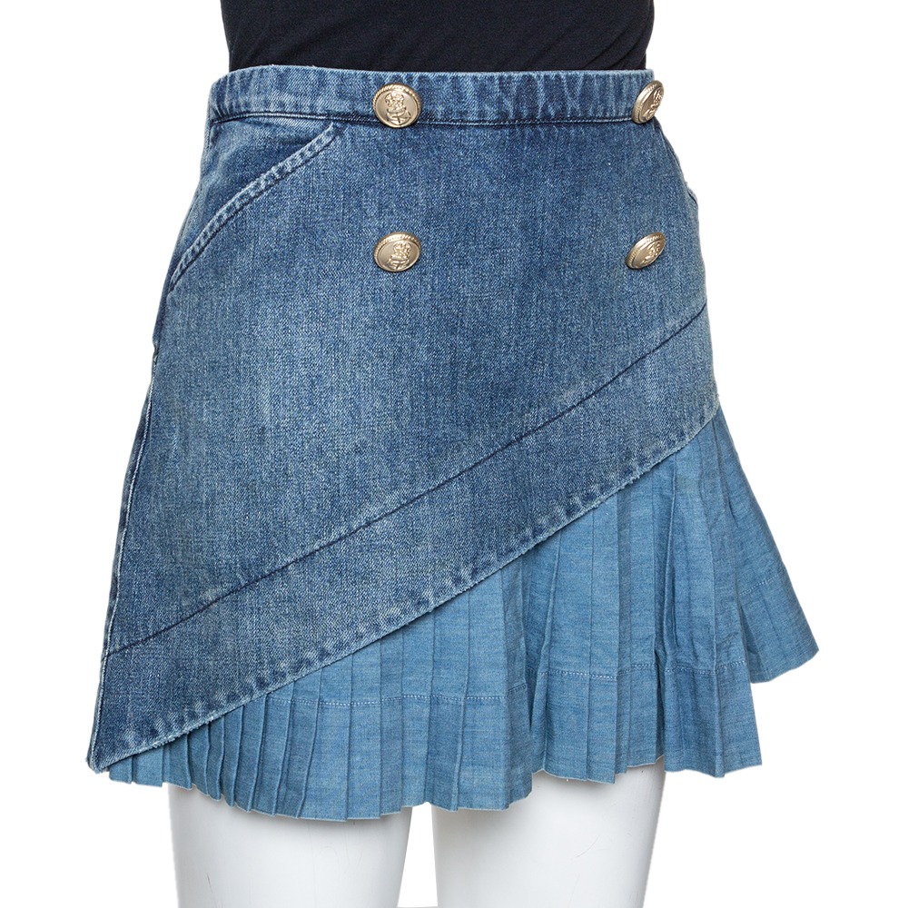 

N21 Indigo Denim Asymmetric Pleated Mini Skirt, Blue
