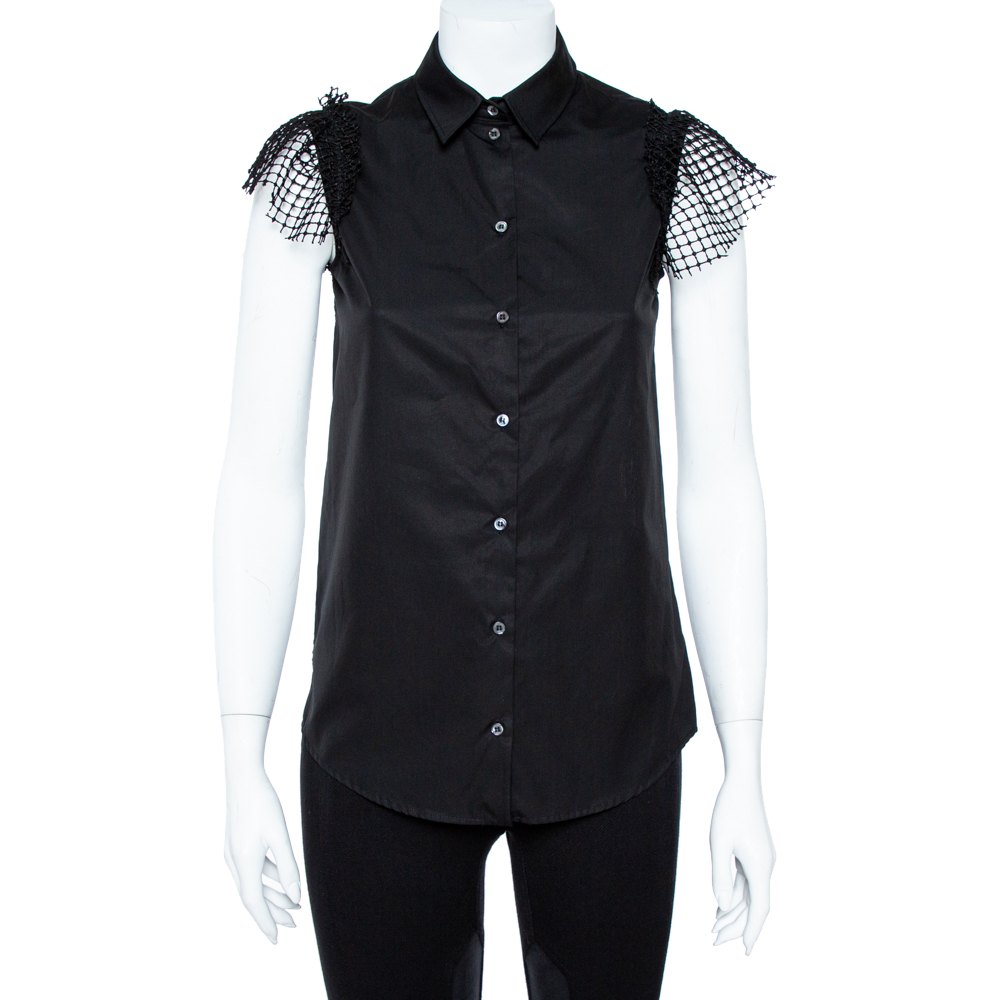 

N21 Black Cotton Grid Lace Paneled Feather Trim Shirt XS