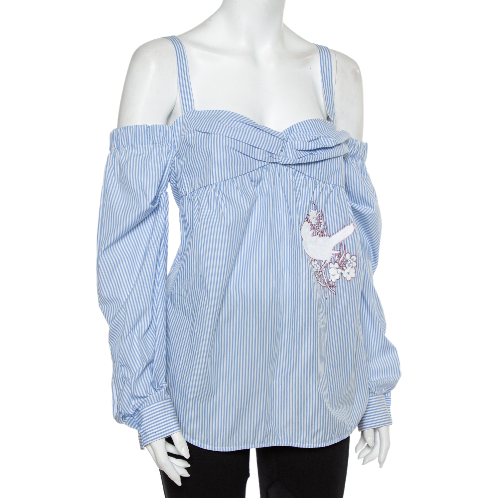 

N21 Light Blue Striped Cotton Embroidered Off Shoulder Top