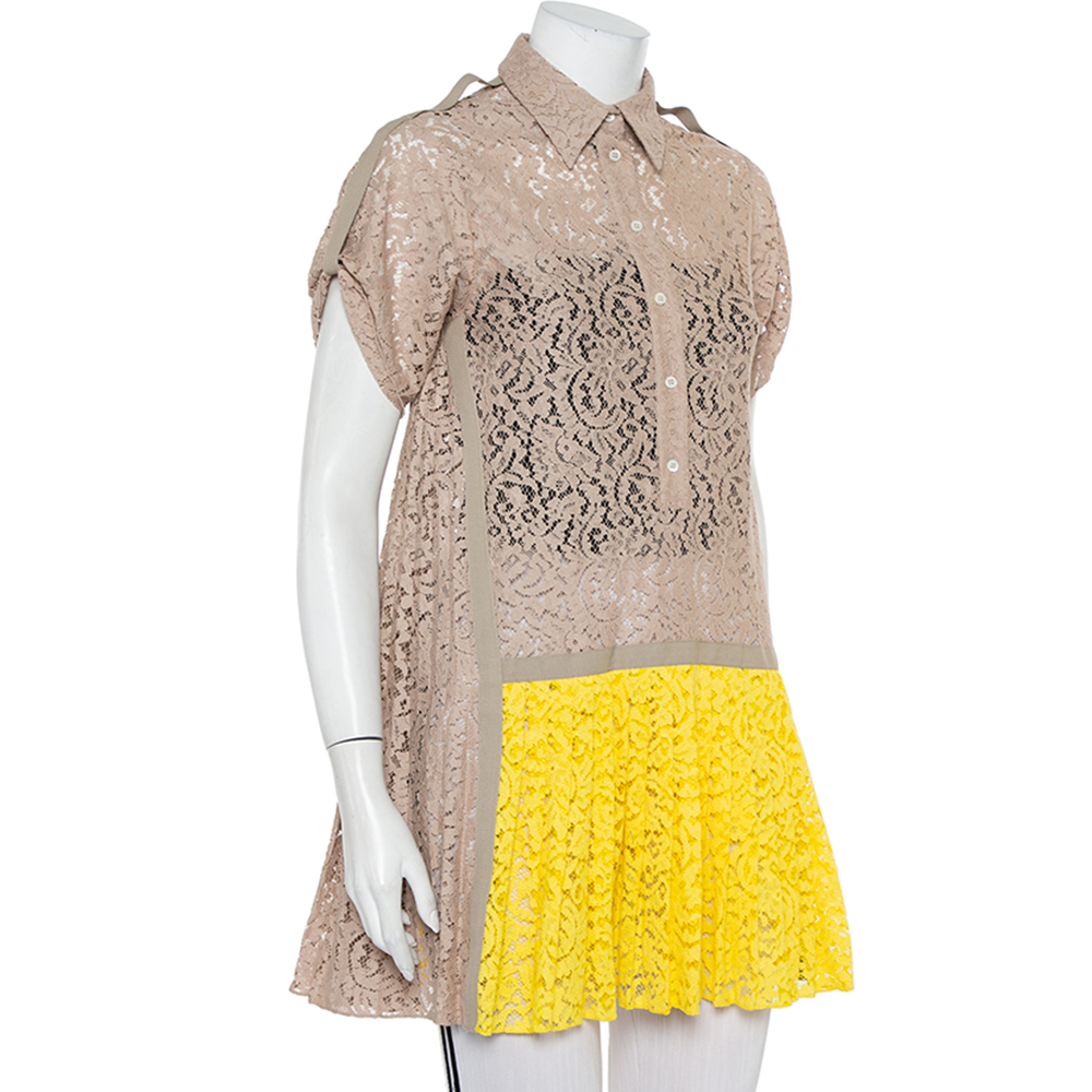 

N21 Beige & Yellow Paneled Lace Pleated Detail Button Tunic