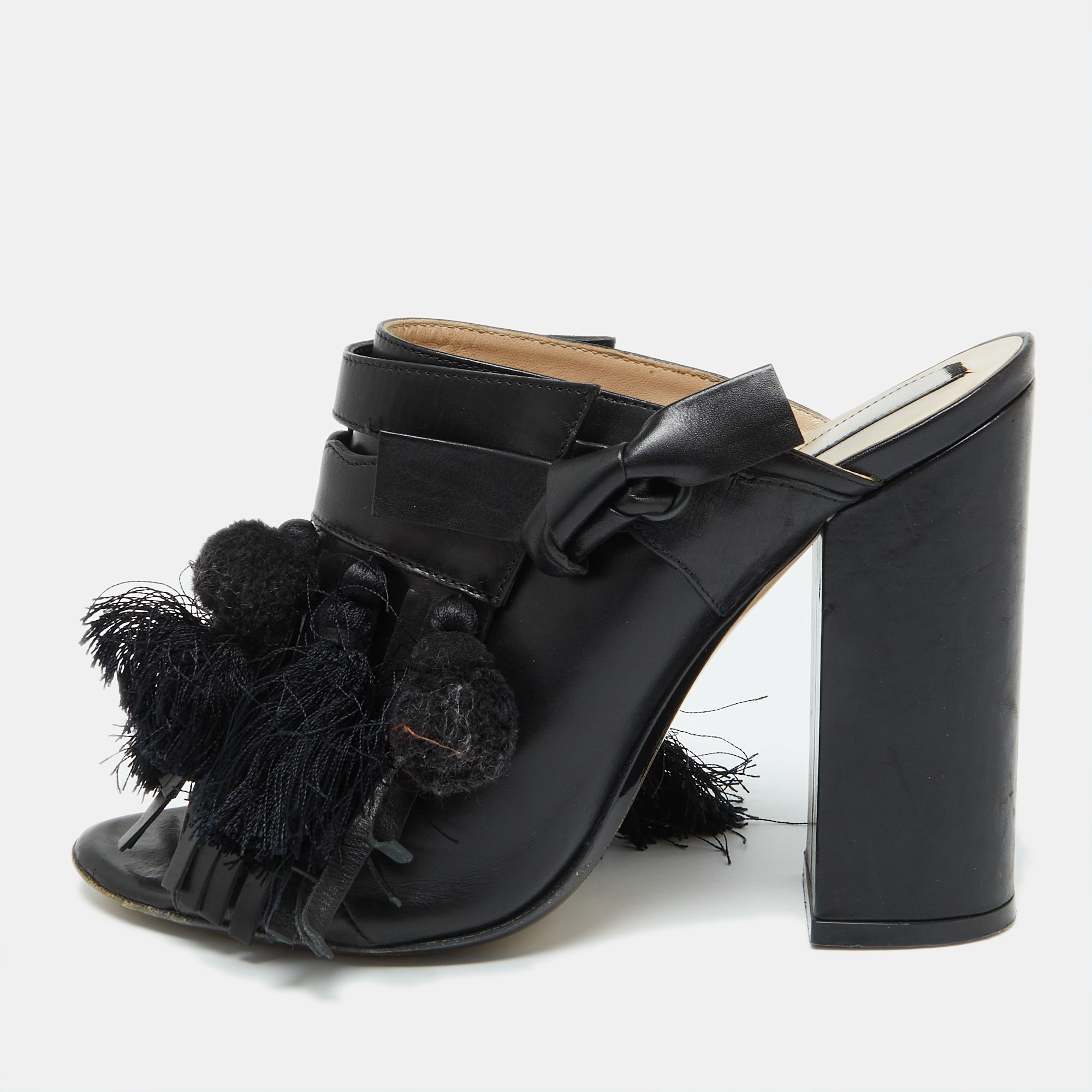 

Nº21 Black Leather Tassel Fringe Block Heel Mules Size