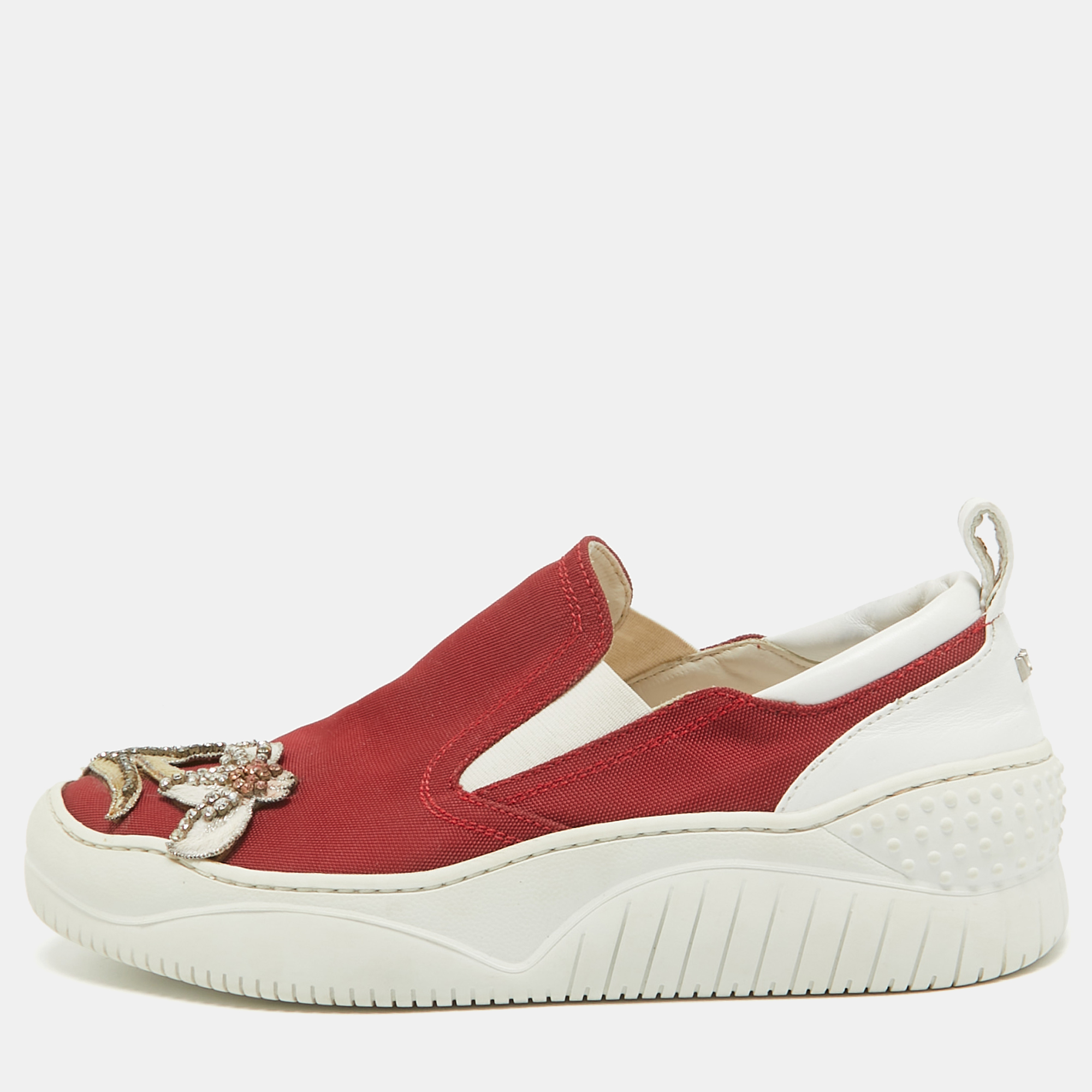 

N21 Red Canvas Crystal Embellished Slip On Sneakers Size