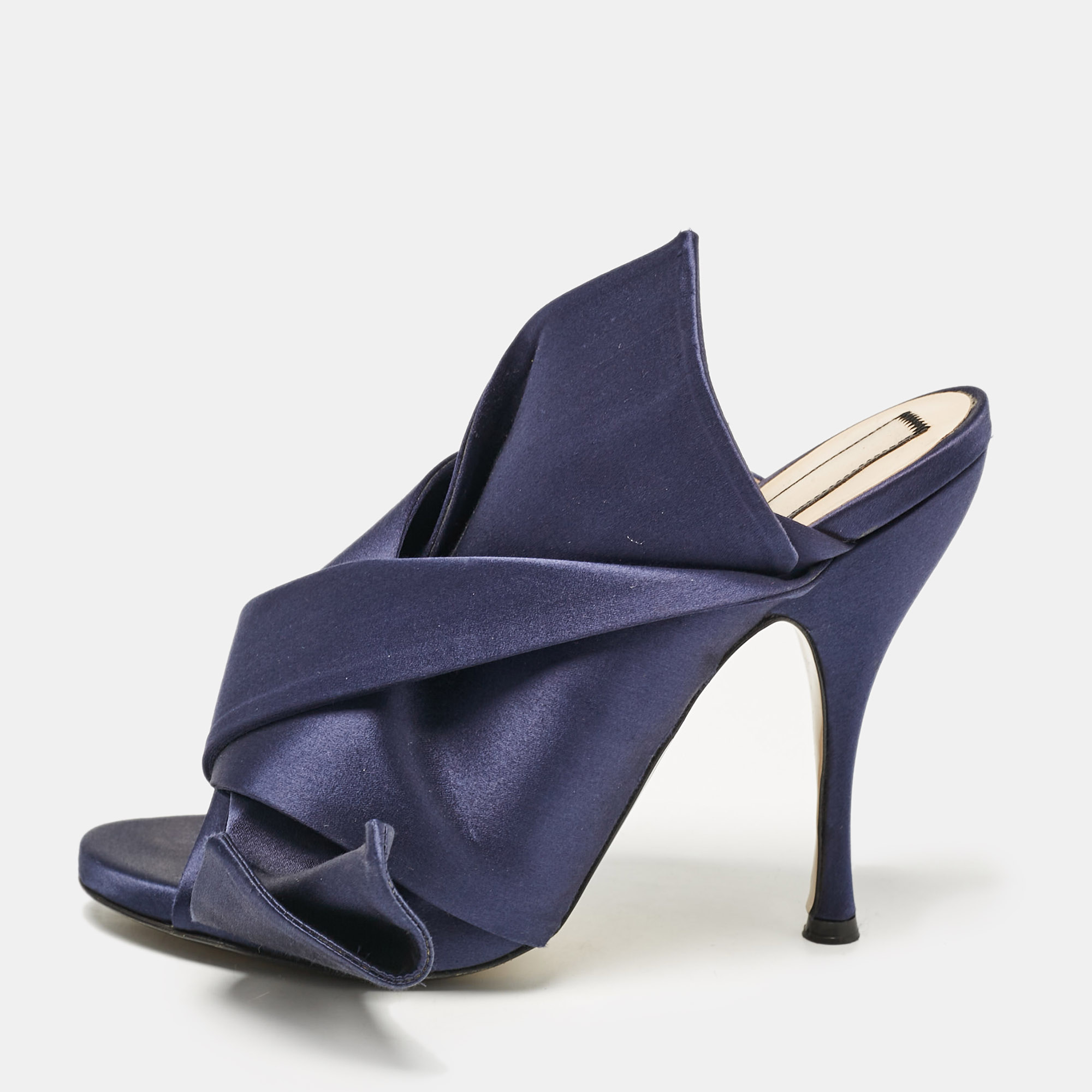 

N21 Navy Blue Satin Raso Knot Peep Toe Mules Size