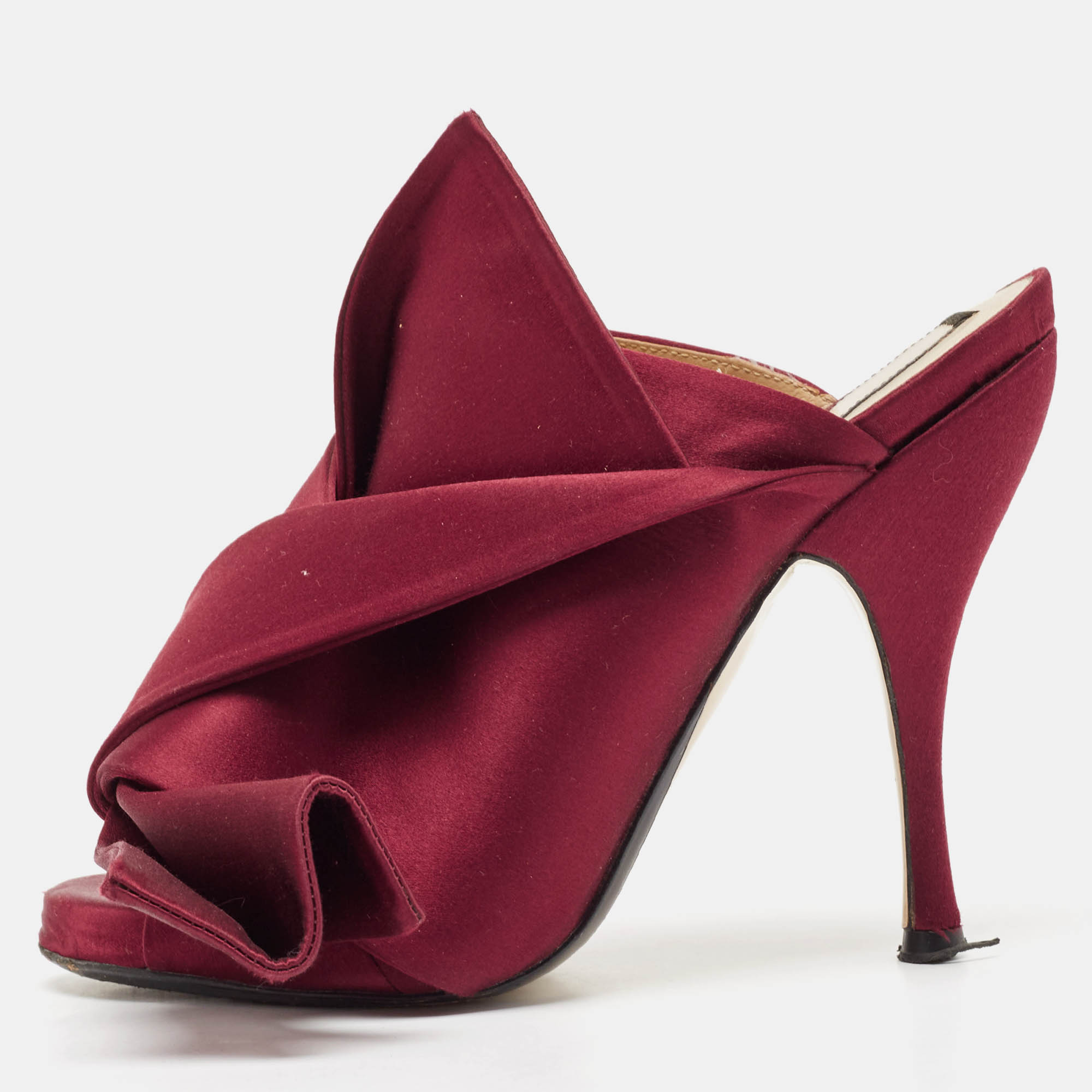 

N21 Burgundy Satin Raso Knot Peep Toe Mules Size