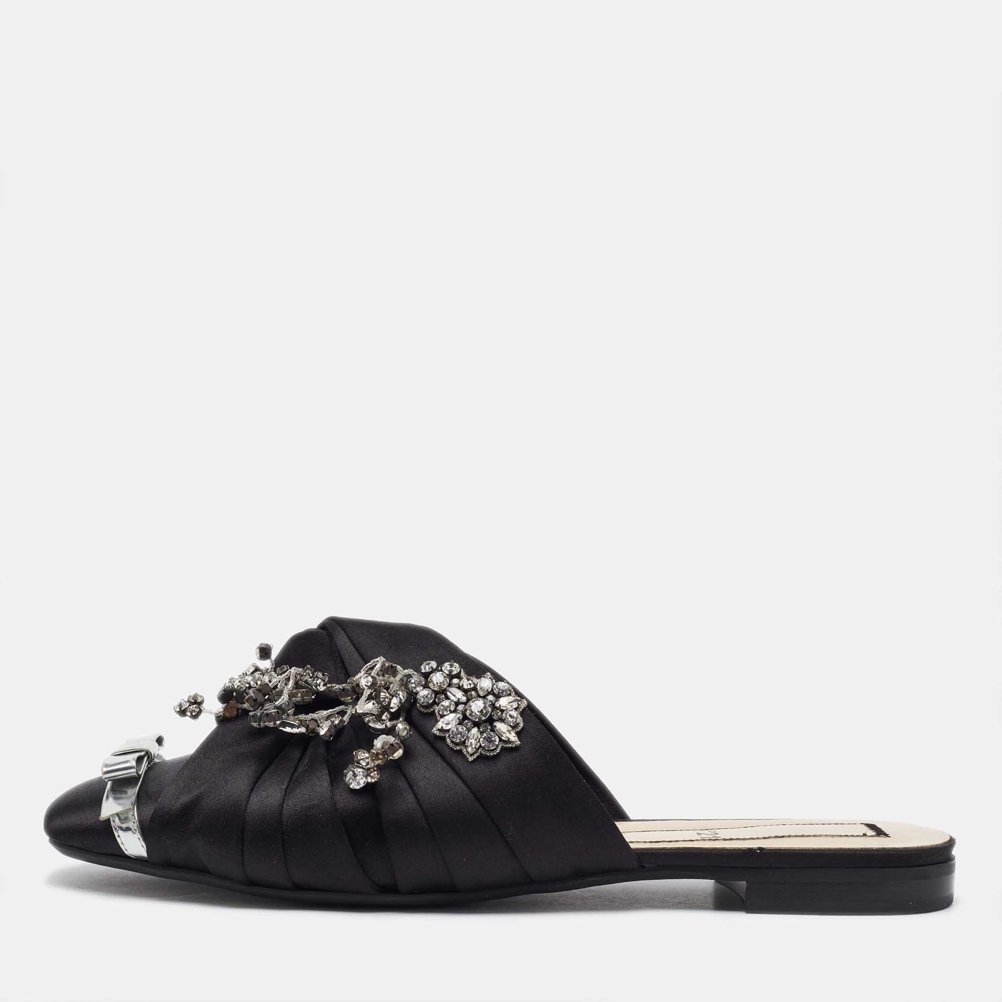 

N°21 Black Satin Crystal Embellished Flat Mules Size