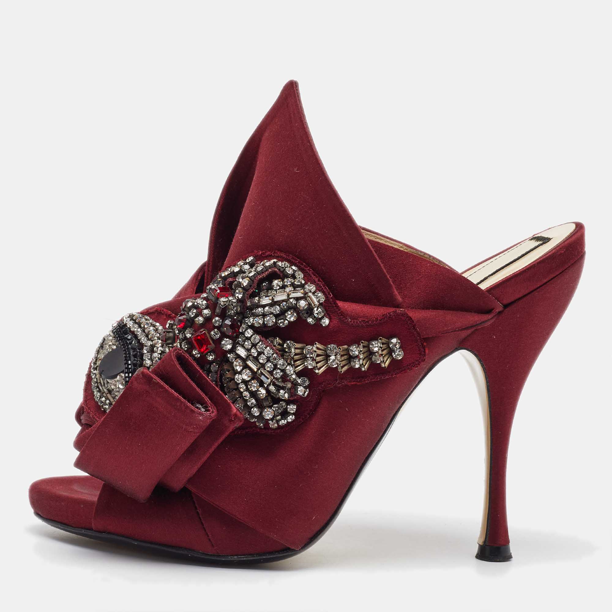 

N21 Burgundy Satin Crystal Embellished Knot Mules Size