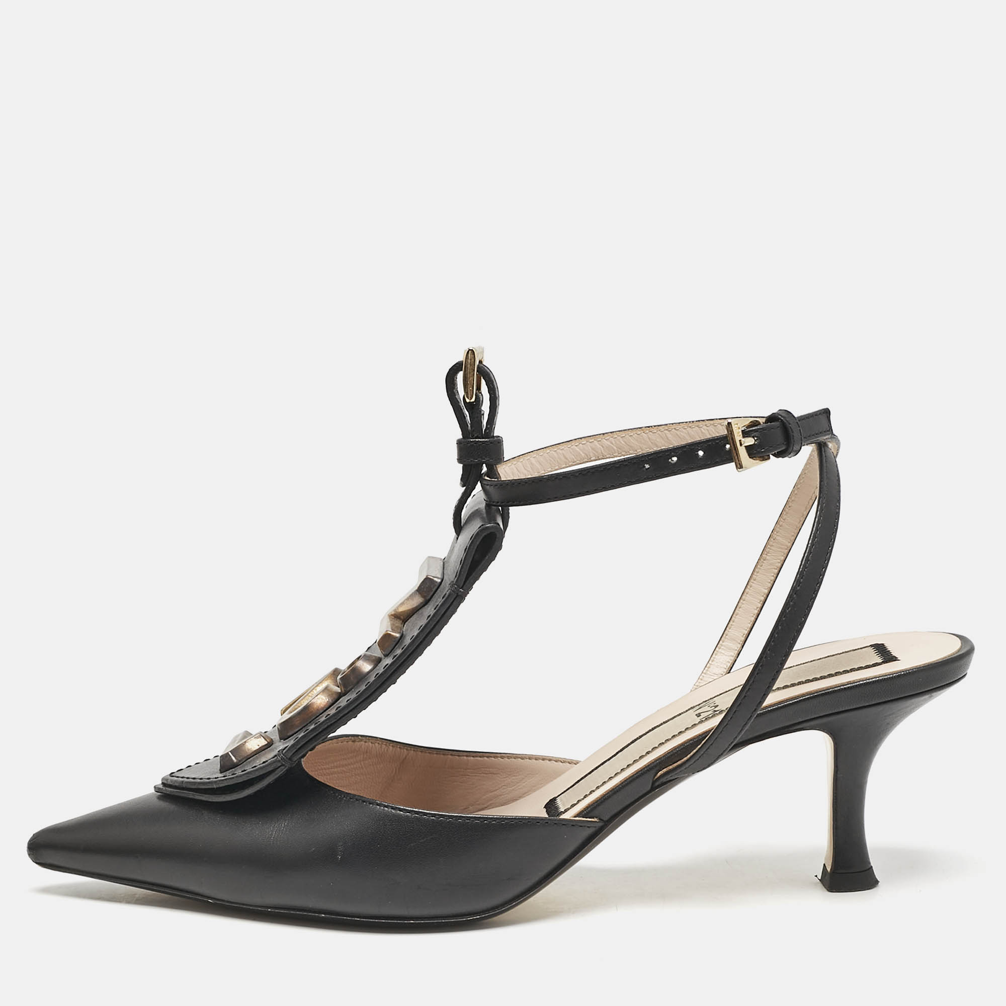 

N21 Black Leather Logo Pointed Toe Ankle Strap Pumps Size