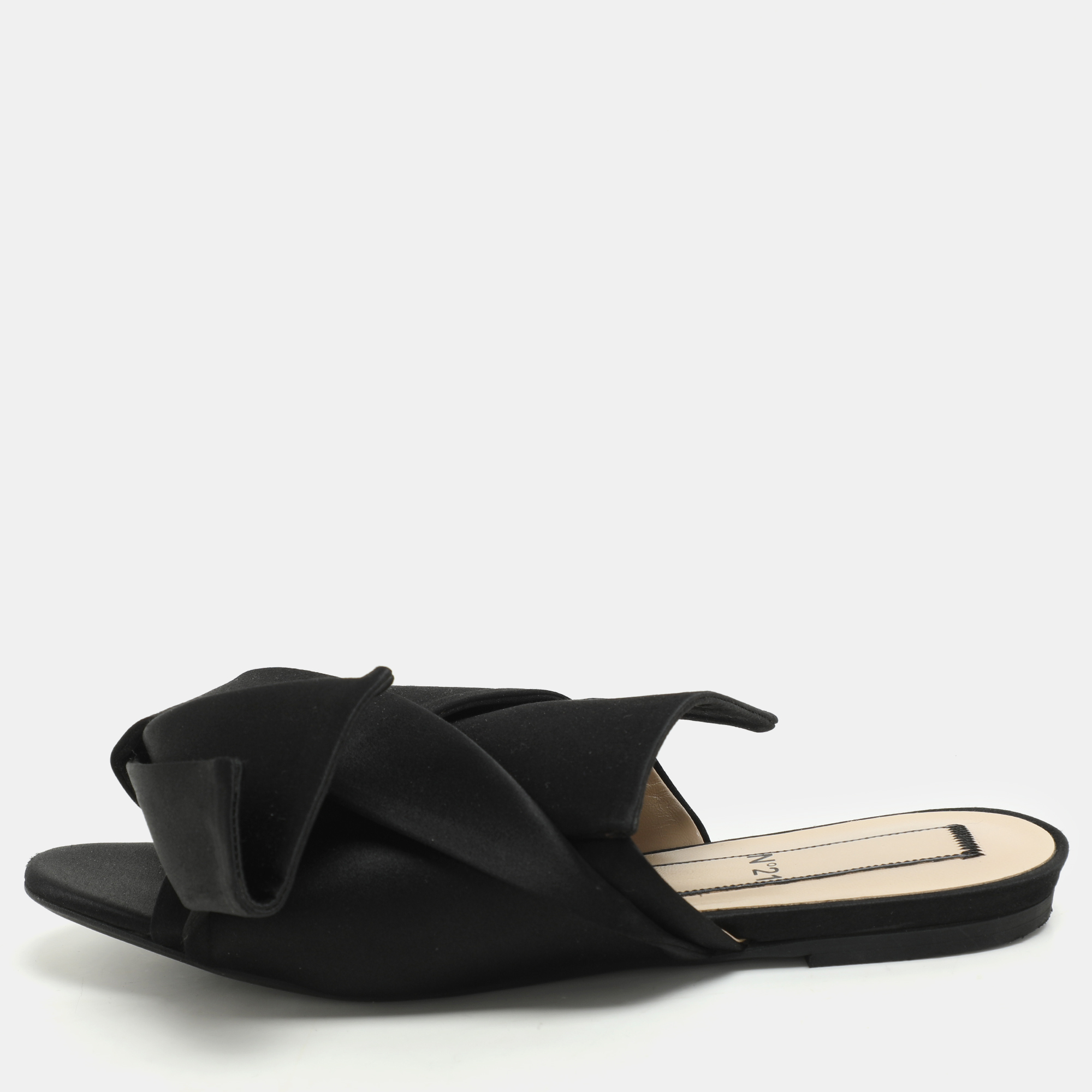 

N°21 Black Satin Knot Flat Mules Size