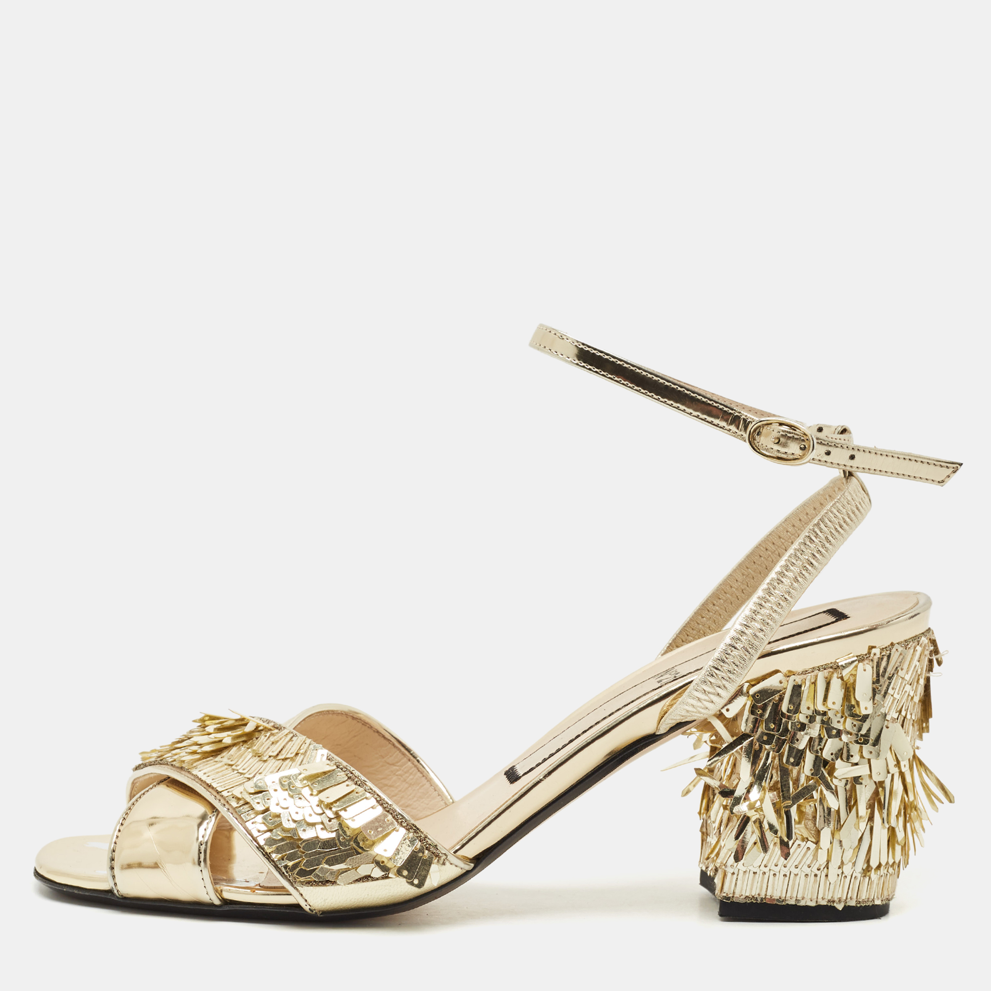 

N°21 Gold Leather Sequinned Block Heel Ankle Strap Sandals Size