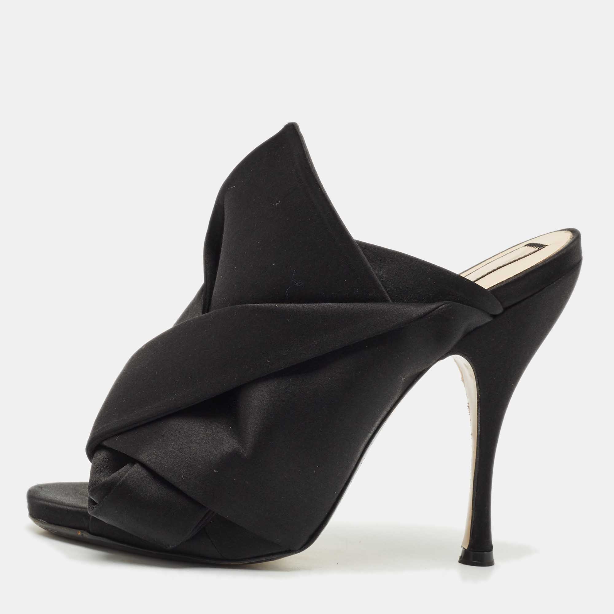 

Nº21 Black Satin Raso Knot Peep Toe Mules Size