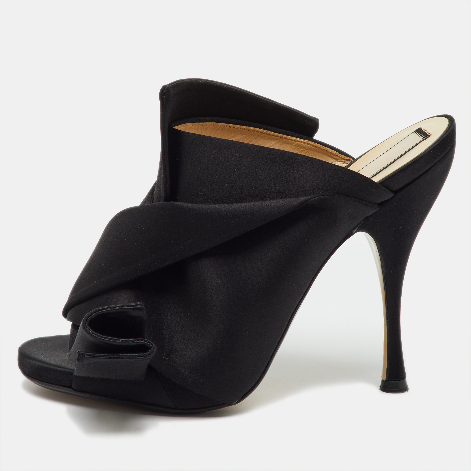Pre-owned N°21 Black Satin Raso Knot Peep Toe Mules Size 39