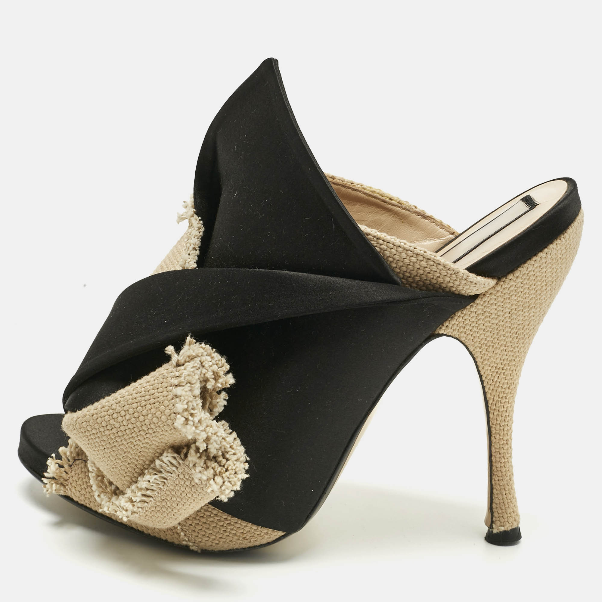 

N21 Beige/Black Canvas and Satin Raso Knot Mules Size