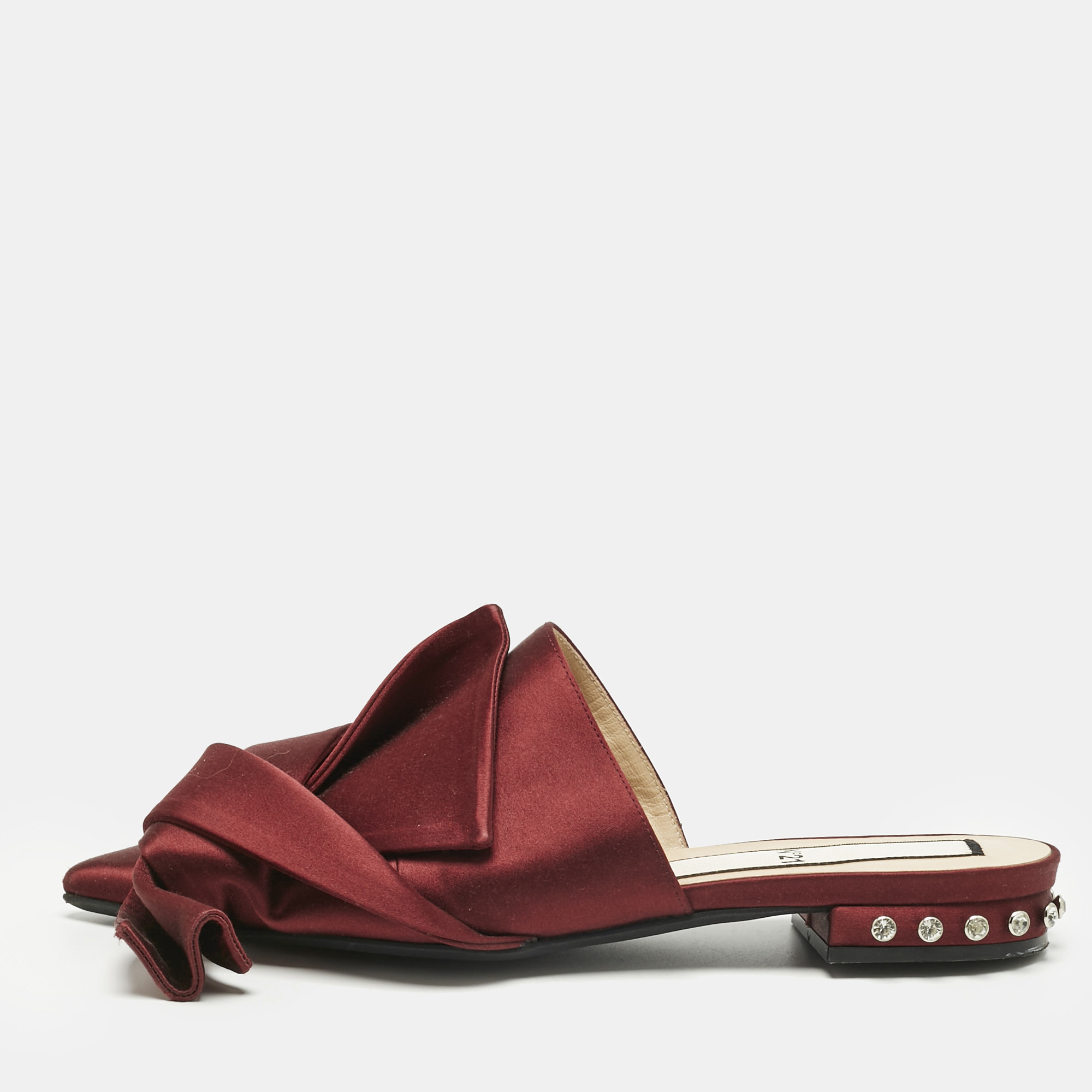 Pre-owned N°21 Burgundy Satin Knot Flat Mules Size 37