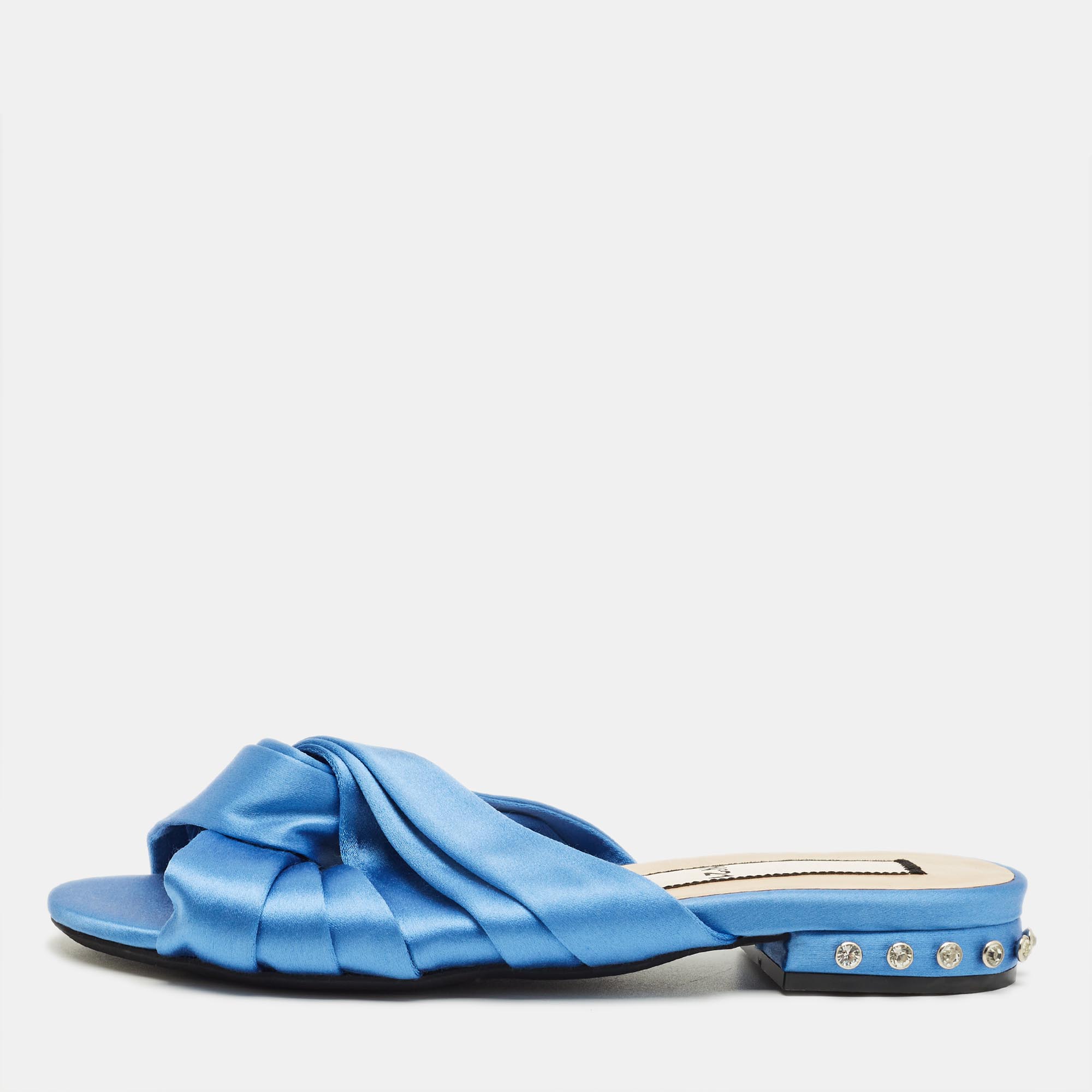 Pre-owned N°21 Nº21 Blue Satin Knot Flat Slides Size 37