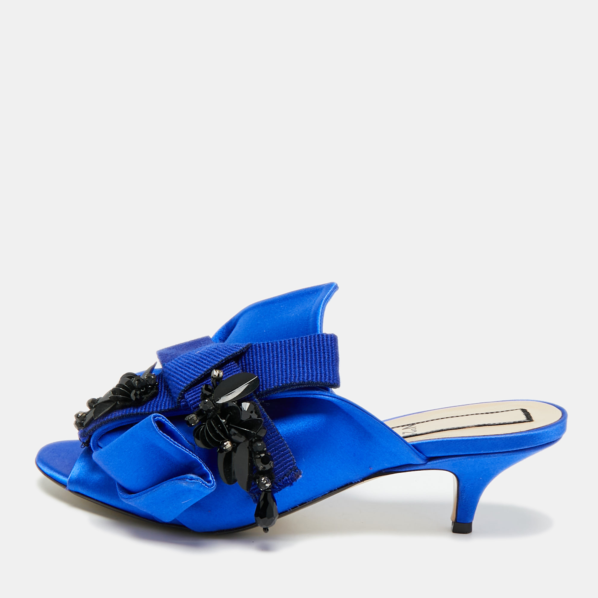 Pre-owned N°21 Bow Size 38 Blue Satin Kitten Heel Slide Sandals