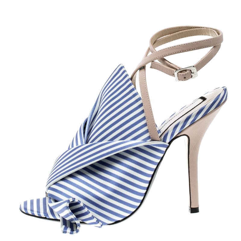 

N 21 Blue/White Stripe Knotted Satin Gingham Ankle Wrap Peep Toe Sandals