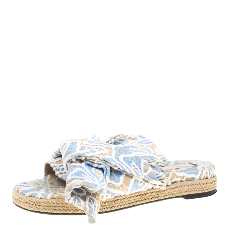 N21 Beige Leather And Blue/White Lace Knot Espadrille Flat Slides Size 39