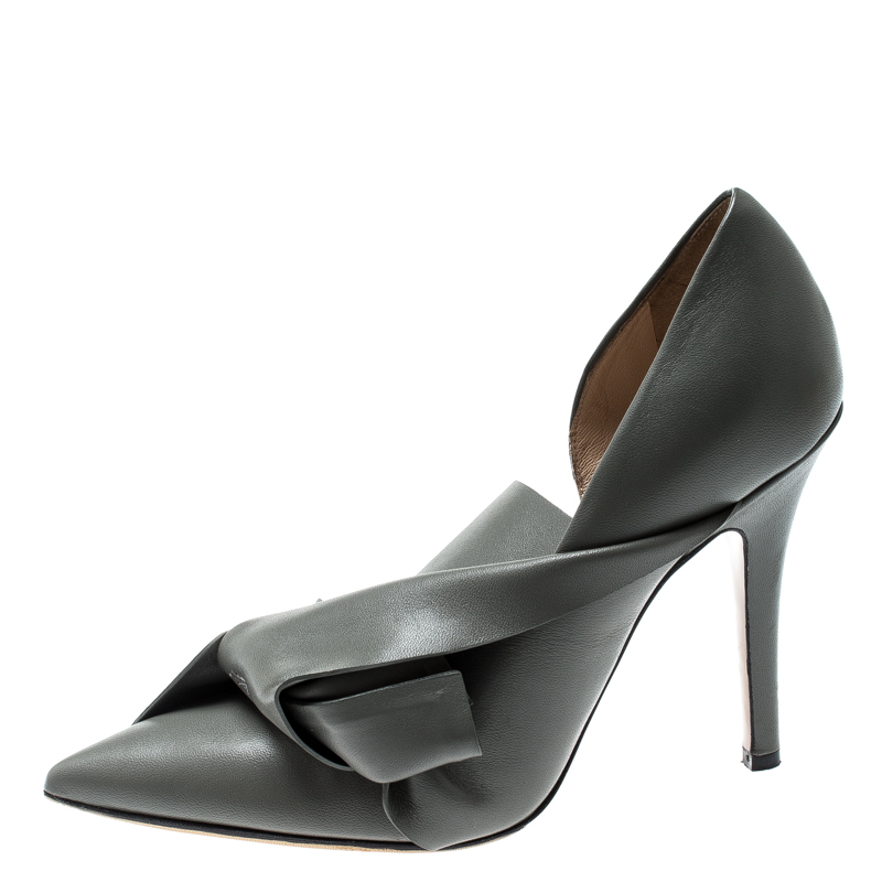 

N°21 Grey Leather Tundra Knotted Pointed Toe D'orsay Pumps Size