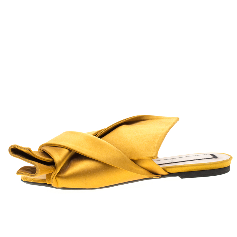 

N21 Yellow Satin Knot Flat Mules Size