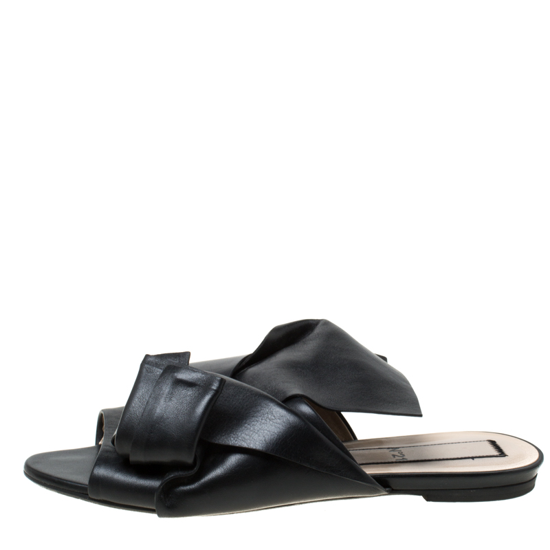 

N21 Black Leather Knot Flat Mules Size