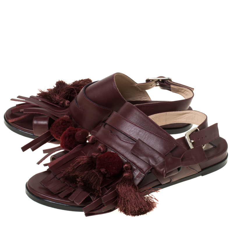 Pre-owned N°21 Maroon Leather Pompom And Tassel Slingback Flats Size 37.5 In Burgundy