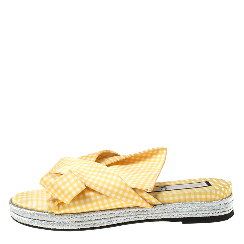 

N21 Yellow Checkered Satin Knot Espadrille Flat Slides Size