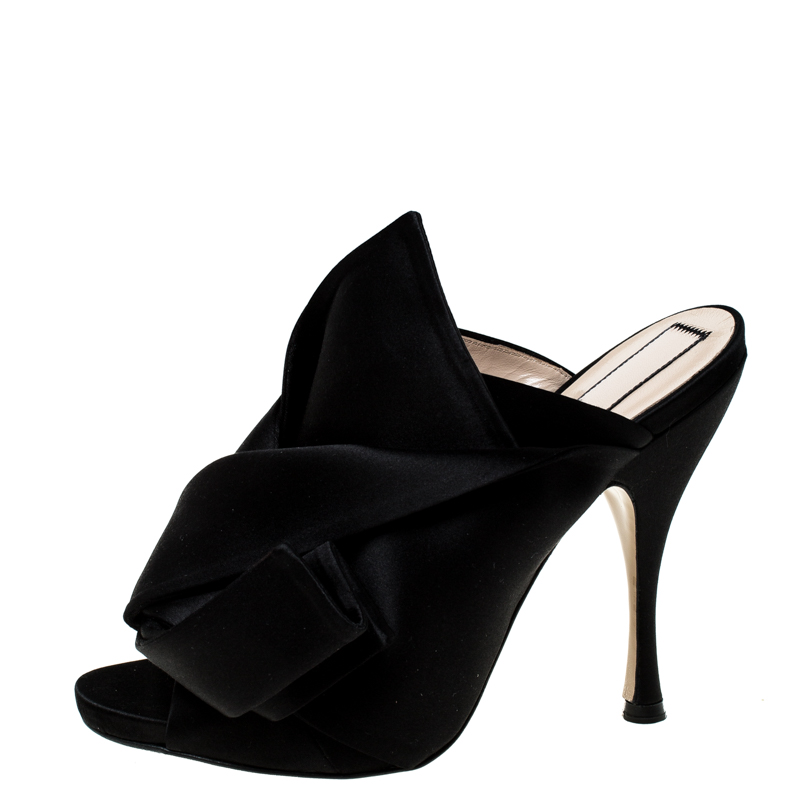

N21 Black Satin Raso Knot Peep Toe Mules Size