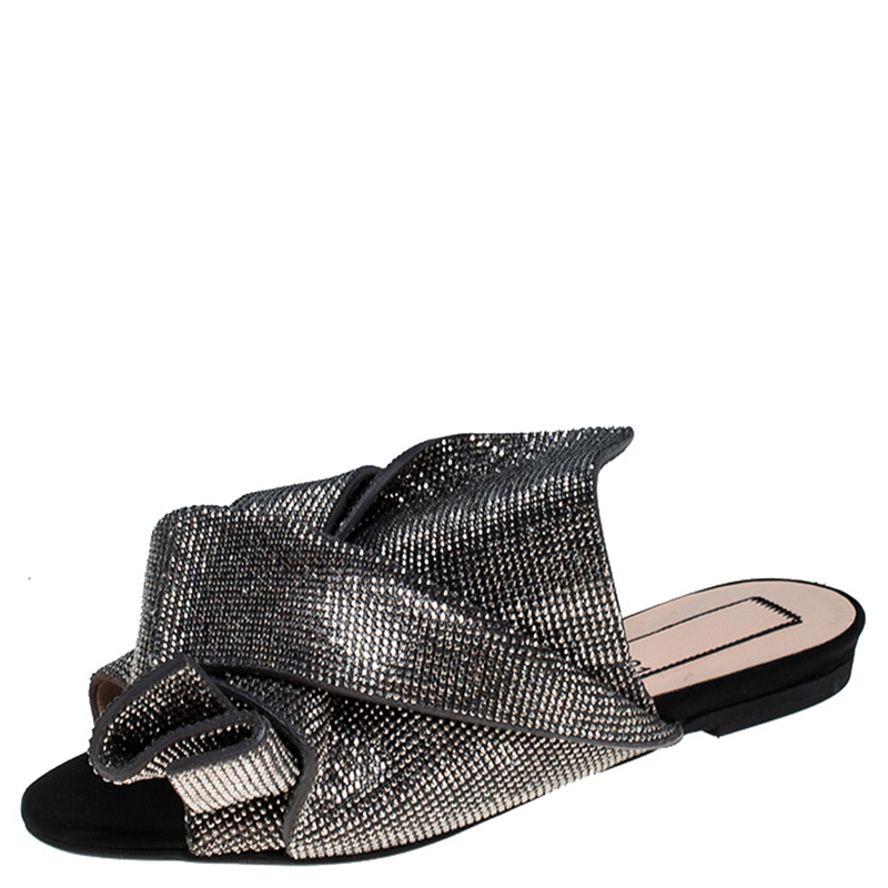 N°21 Metallic Grey Leather Crystal Embellished Bow Flat Mules Size 36