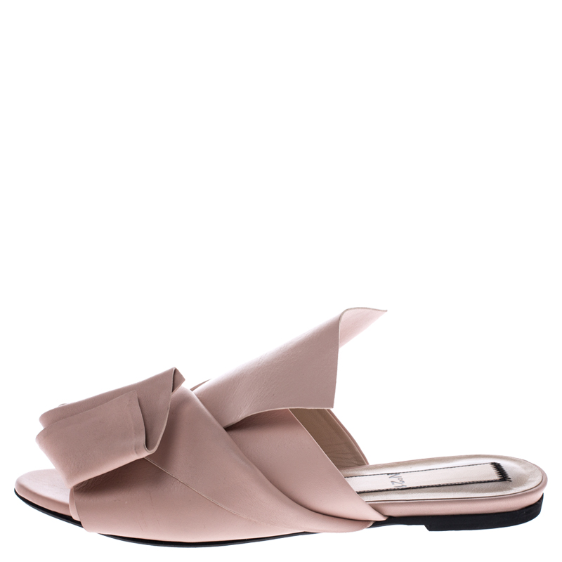 

N21 Beige Leather Knot Flat Mules Size