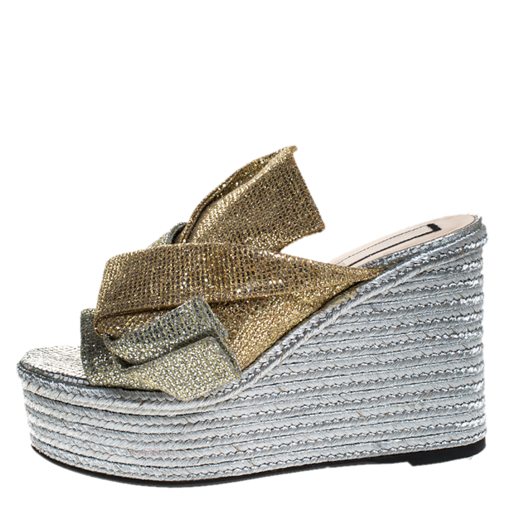 

N21 Silver/Gold Glitter Fabric Raso Knot Espadrille Platform Wedge Sandals Size, Multicolor