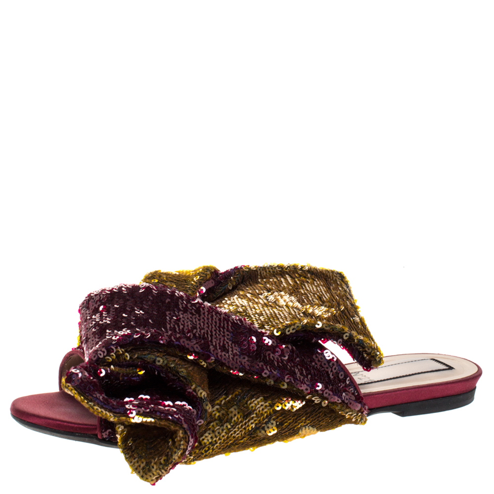 N21 Multicolor Sequin Embellished Knotted Flat Slides Size 40
