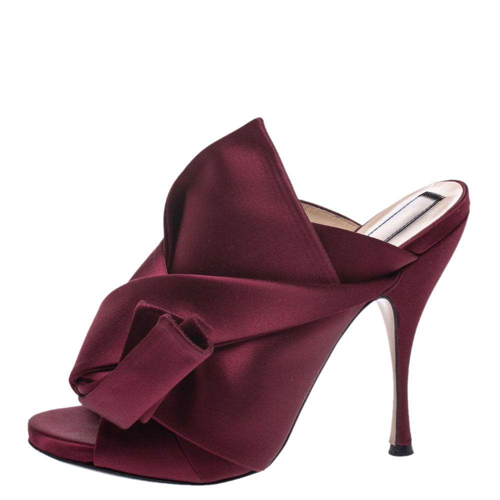 

N21 Burgundy Satin Raso Knot Peep Toe Mules Size