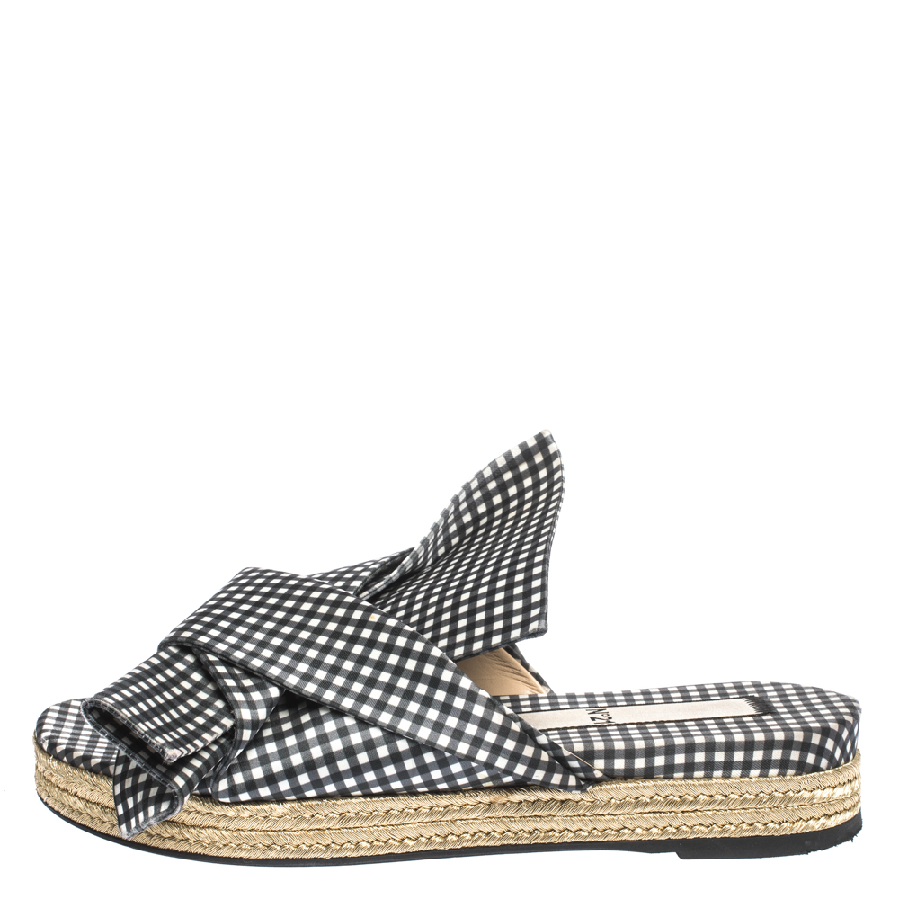 

N21 Black White/Black Check Satin Open Toe Flat Slides Size