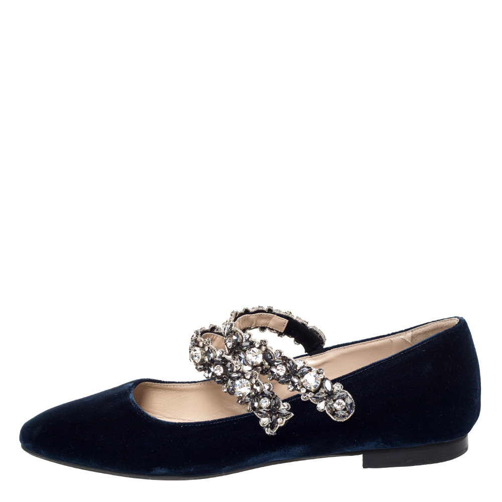 

N°21 Blue Velvet Embellished Strappy Ballet Flats Size