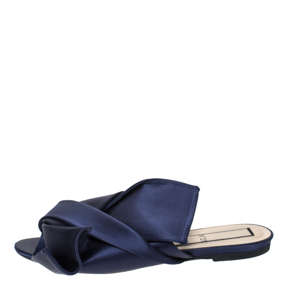 

N°21 Blue Satin Knot Flat Mules Size