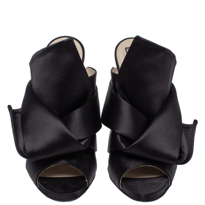 

N21 Black Satin Raso Knot Peep Toe Mules Size
