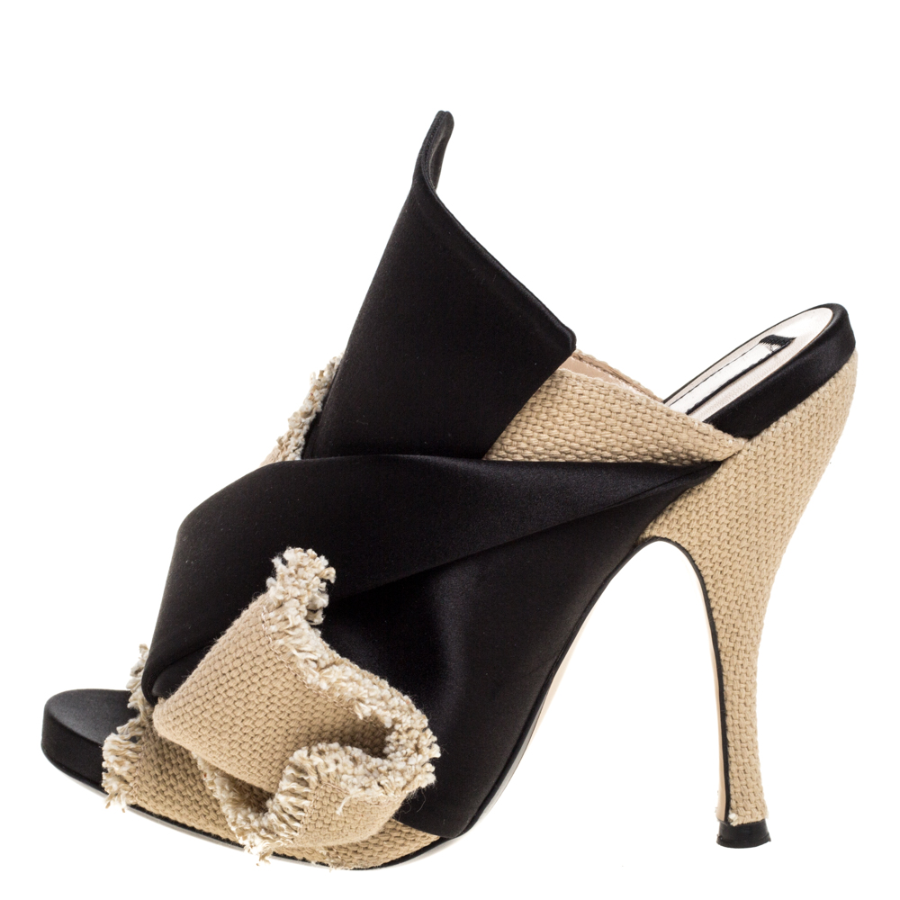

N21 Black/Beige Satin And Canvas Raso Knot Peep Toe Mules Size