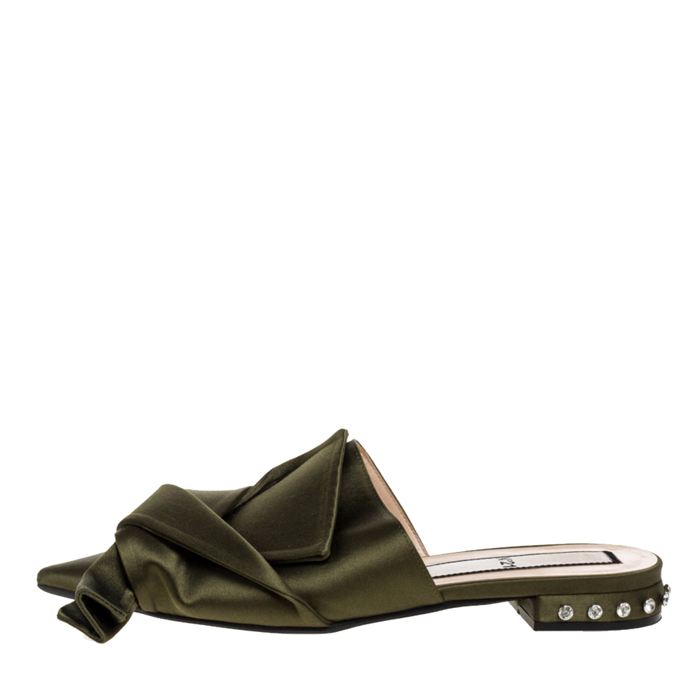 

N21 Green Satin Bow Pointed Toe Crystal Embellished Heel Flat Mules Size