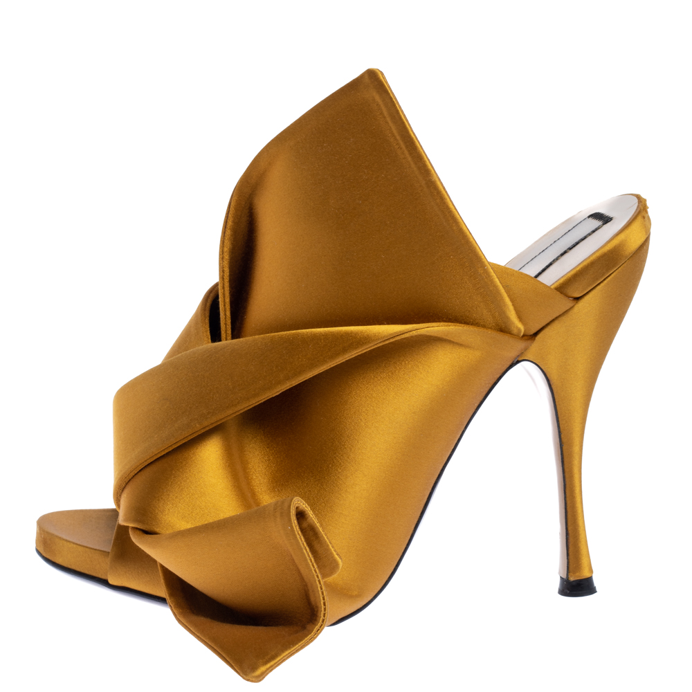 

N21 Yellow Satin Raso Knot Peep Toe Mules Size