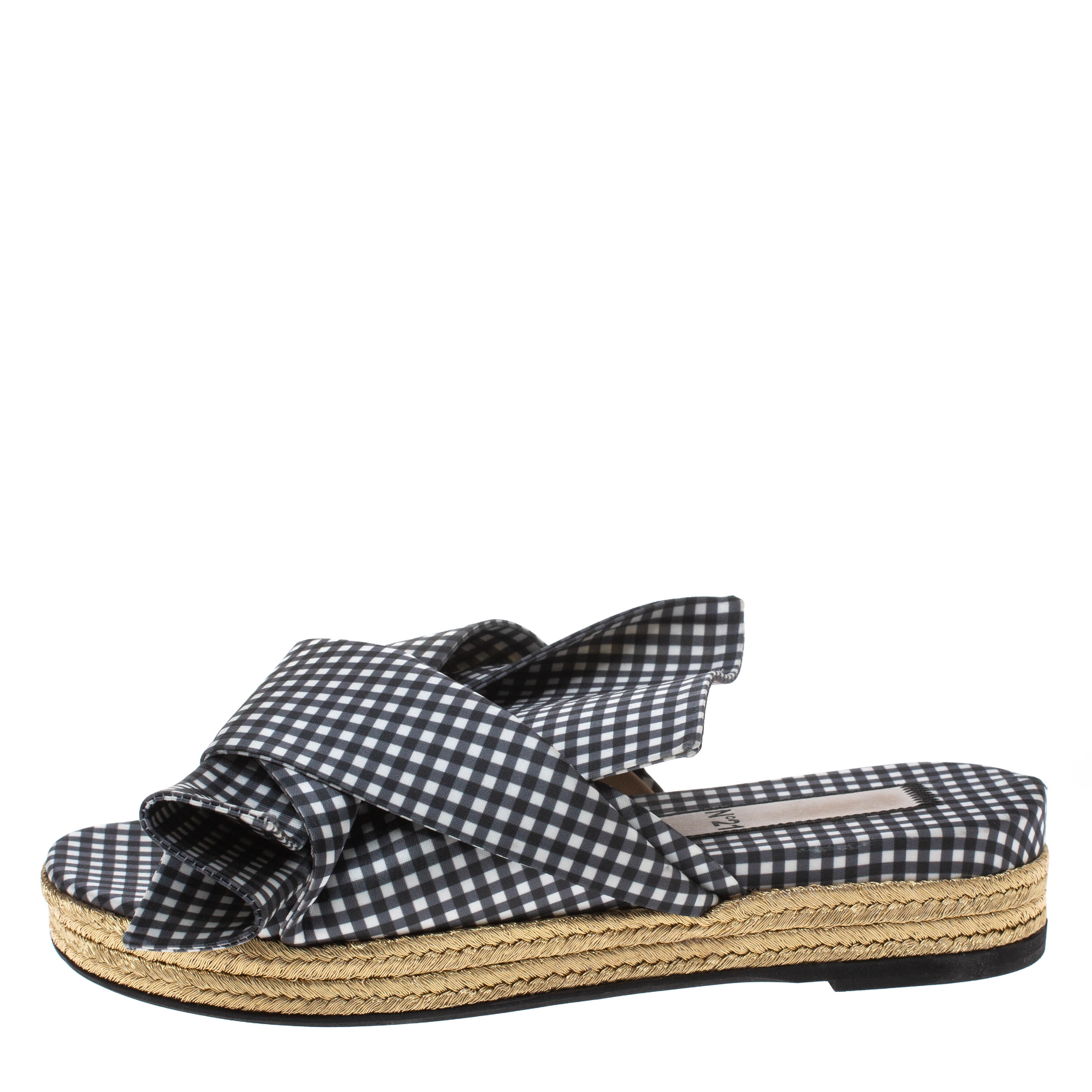 

N21 Black White/Black Checkered Satin Gingham Flat Slide Sandals Size