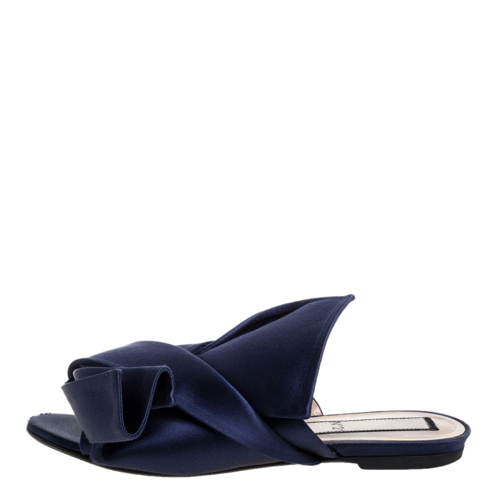 

N21 Blue Satin Knot Flat Mules Size