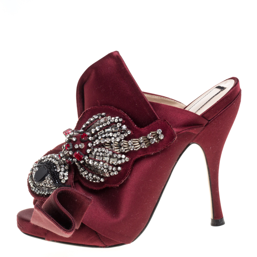 

N21 Maroon Embellished Satin Knot Mules Sandals Size, Red