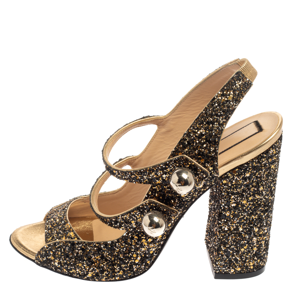 

N21 Gold/Black Glitter Strappy Slingback Sandals Size, Metallic