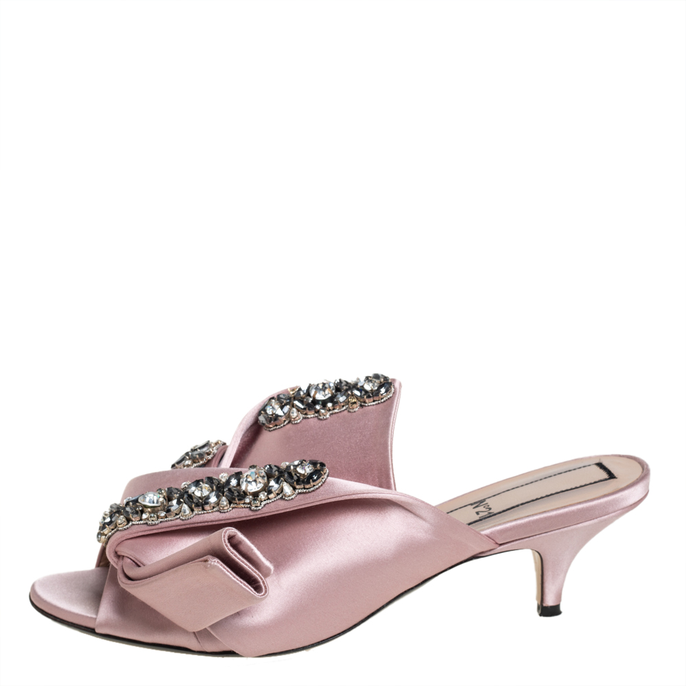 

N21 Pink Satin Crystal Embellished Knot Mule Sandals Size