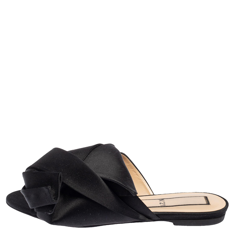 N21 Black Satin Knot Flat Mules Size