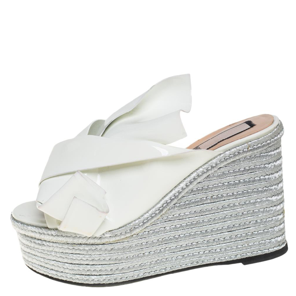 

N21 White Patent Leather Knotted Espadrille Wedge Platform Sandals Size