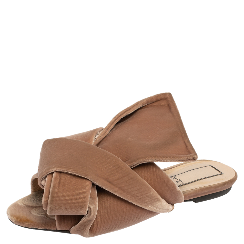 Pre-owned N°21 Nº21 Beige Velvet Knot Flat Slide Sandals Size 37