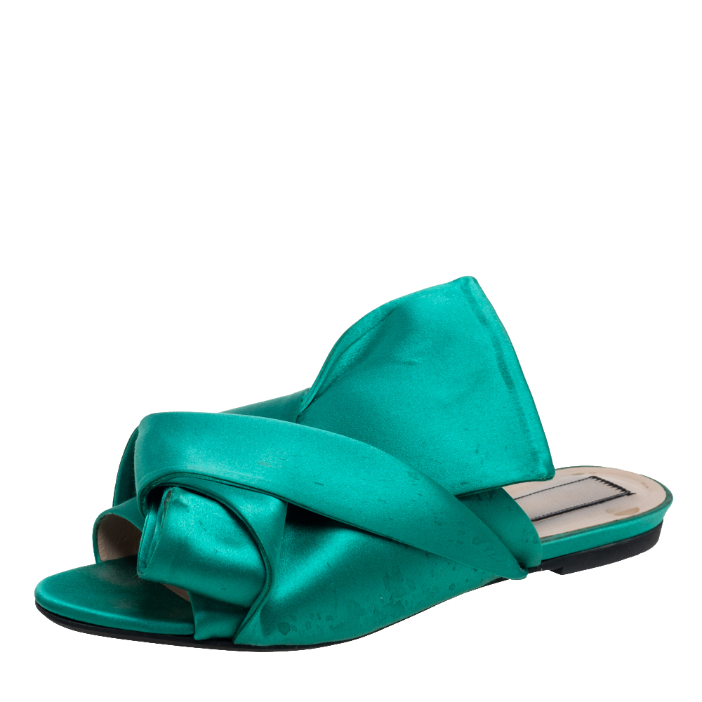 Pre-owned N°21 Nº21 Green Satin Knot Flat Mules Size 38