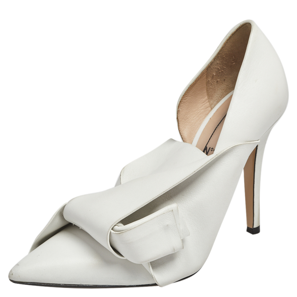 Pre-owned N°21 Nº21 White Leather Knot Pointed Toe Pumps Size 37