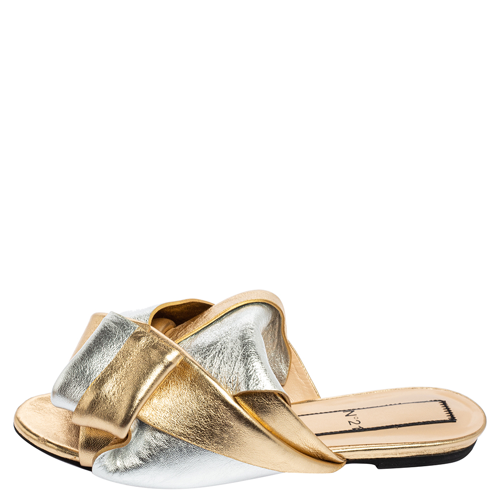 

N°21 Metallic Gold/Silver Leather Raso Knot Flats Size